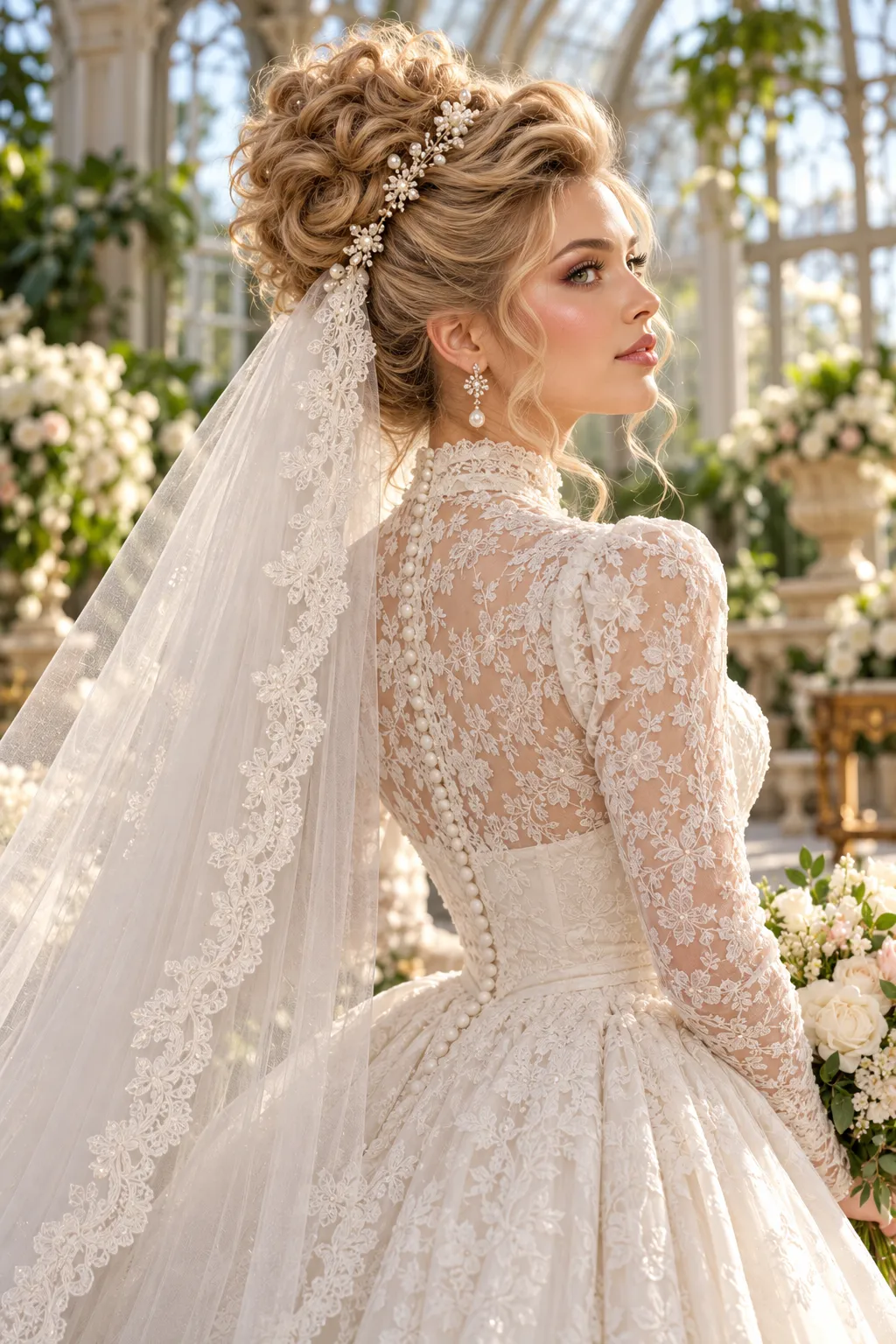Victorian Curl Updo with Lace Trimmed Veil