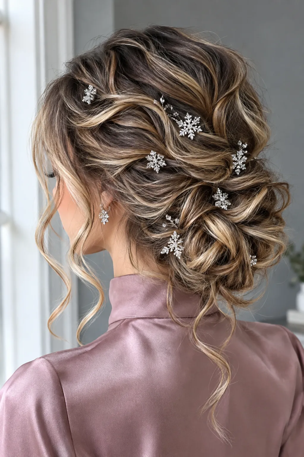 Messy Low Updo with Crystal Snowflake Pins