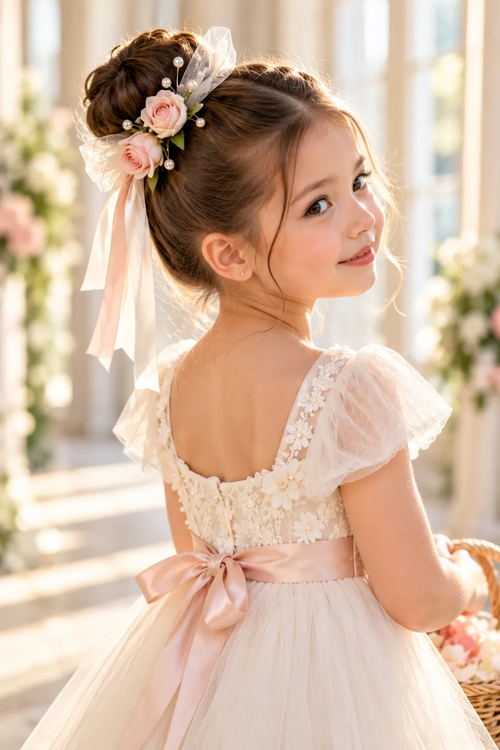 High Bun with Roses and Tulle Ribbon