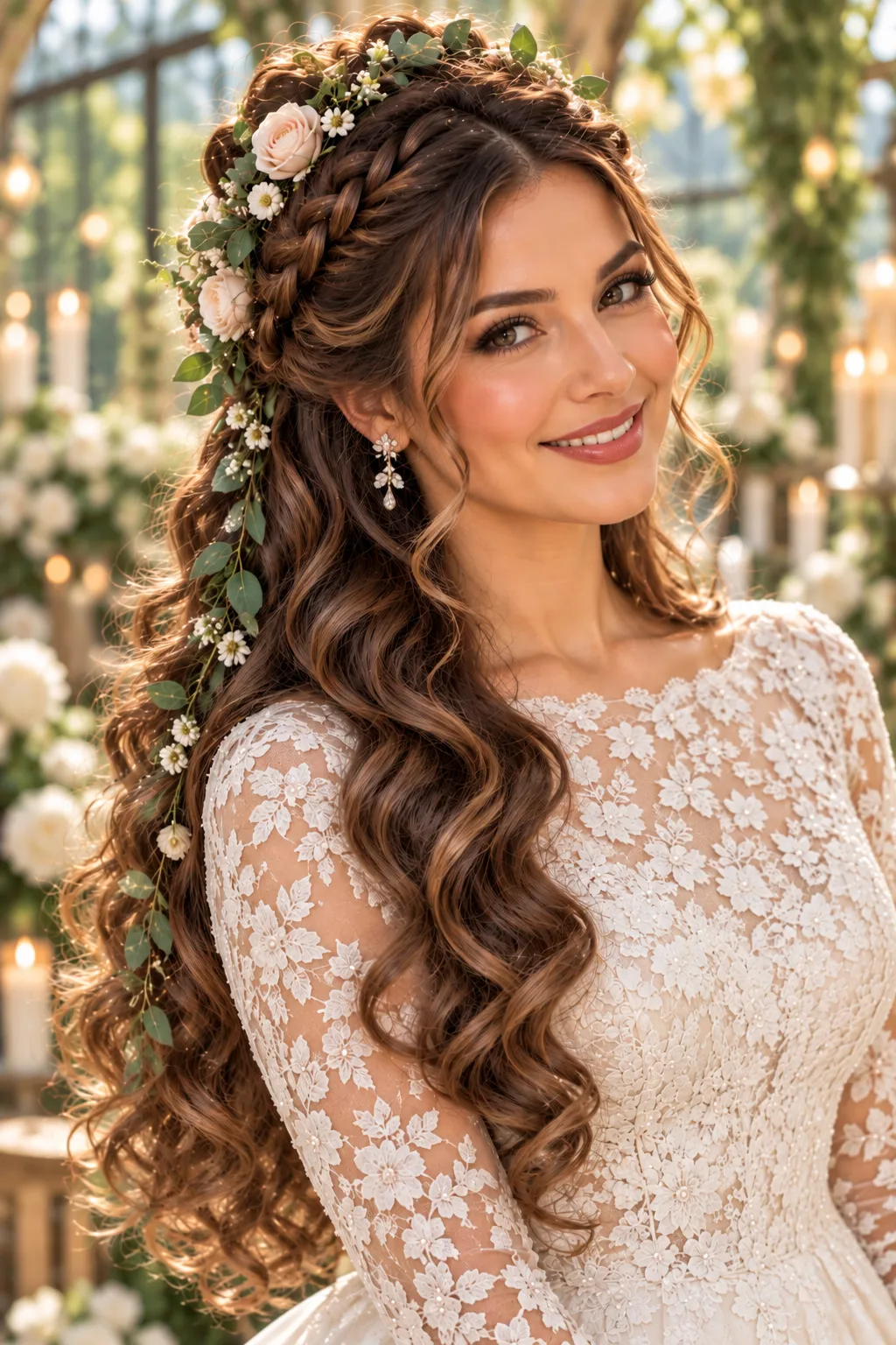 Braided Crown Half Up with Trailing Greenery and Rose Blooms Braided Crown Half Up with Trailing Greenery and Rose Blooms