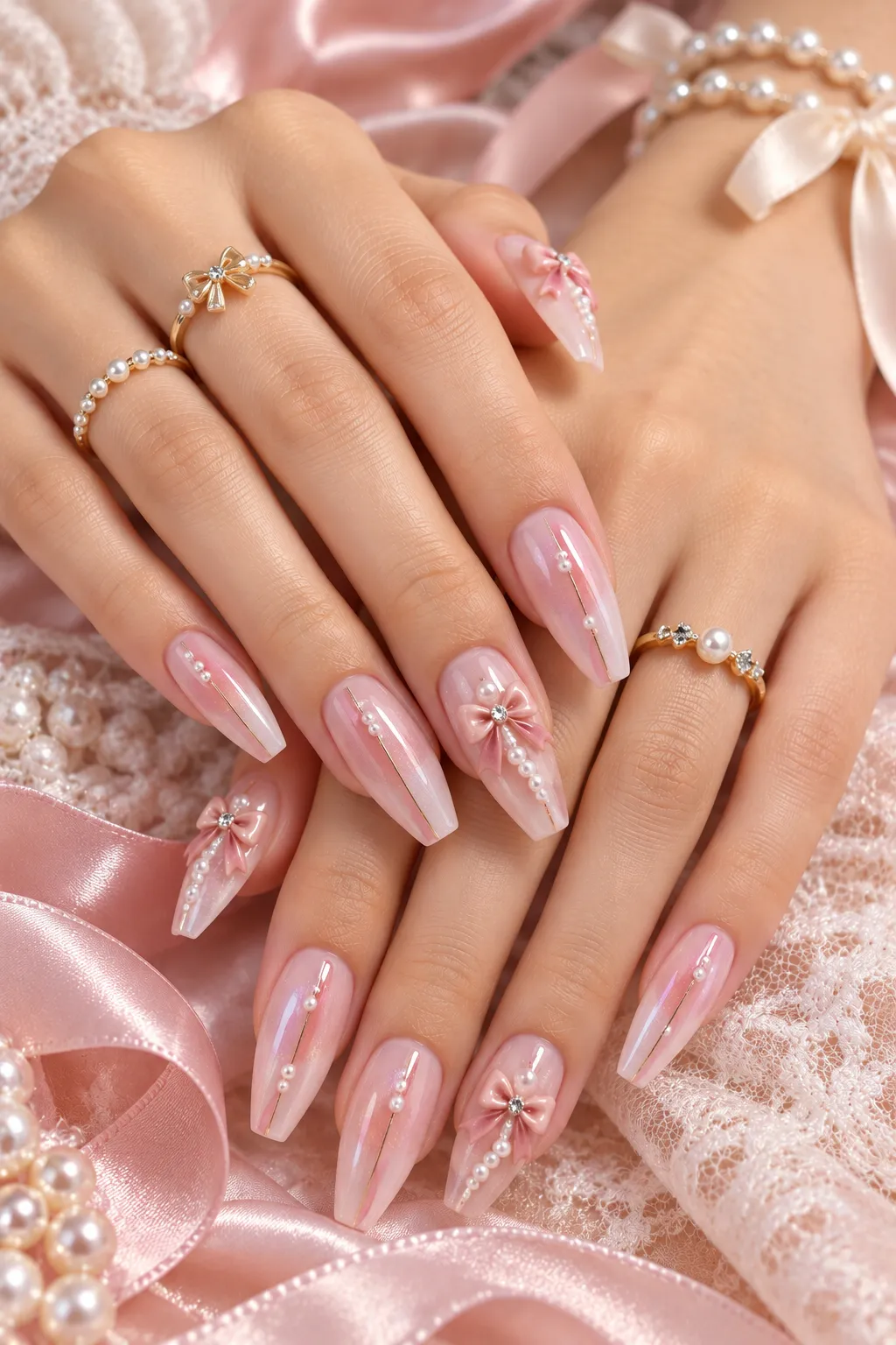  Romantic Pearl Bow Coffin Nails