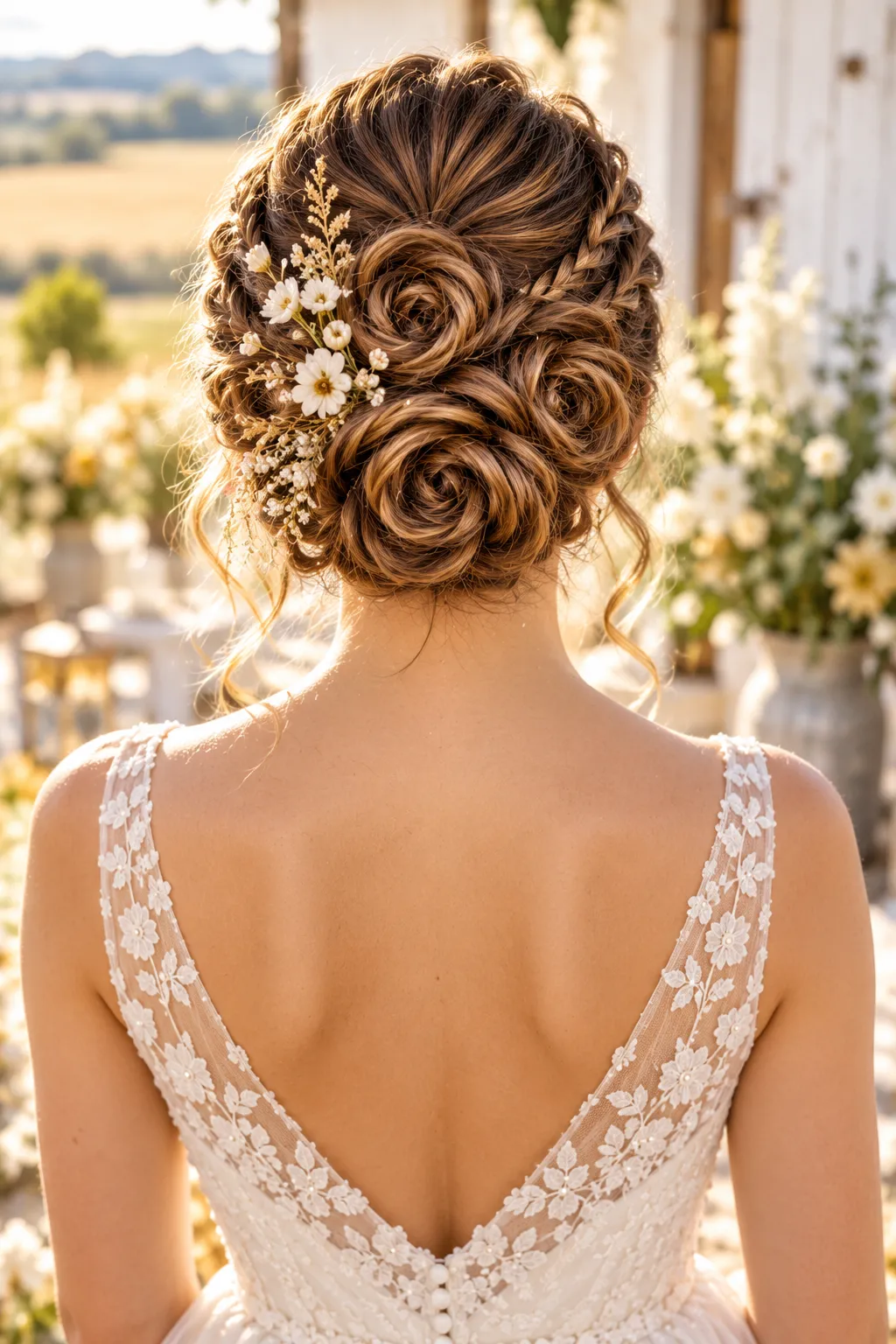 Rose Swirl Updo with Wildflower Accents