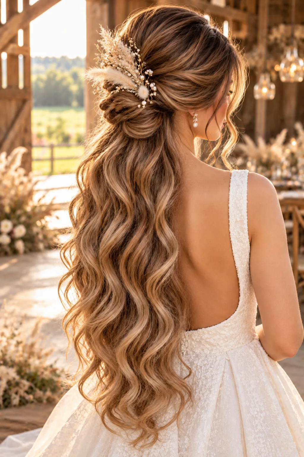 Half Up Twist with Pampas and Pearls