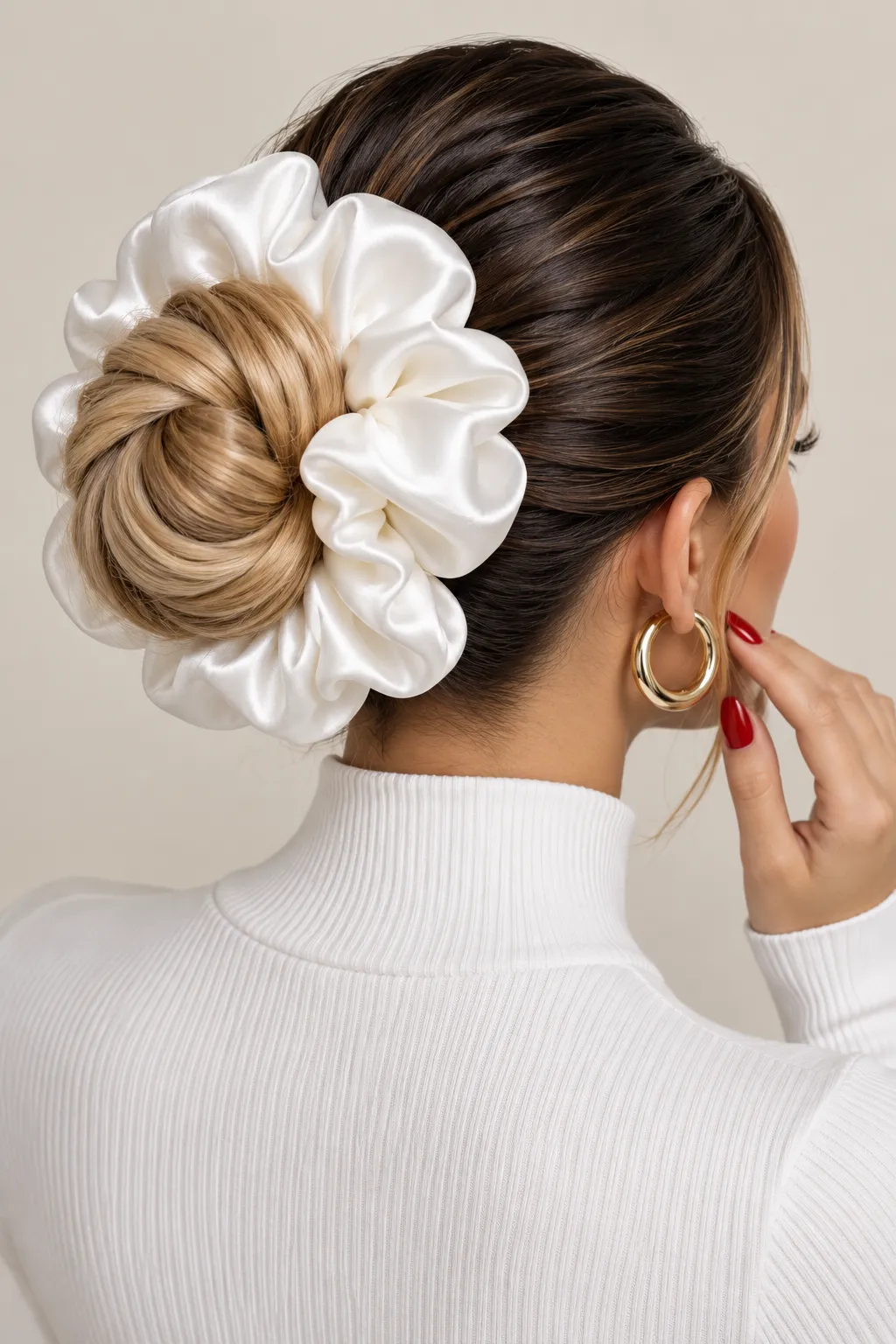 Sleek Low Bun with Oversized Ivory Satin Scrunchie