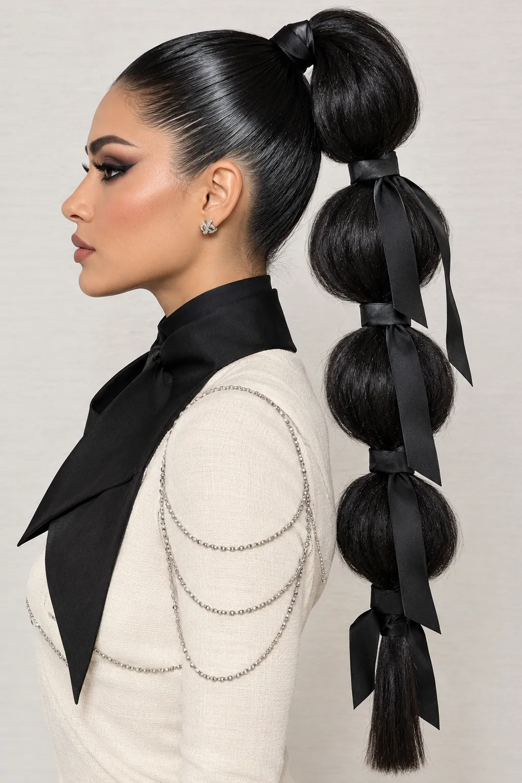 Sculpted Bubble Ponytail with Satin Ribbons