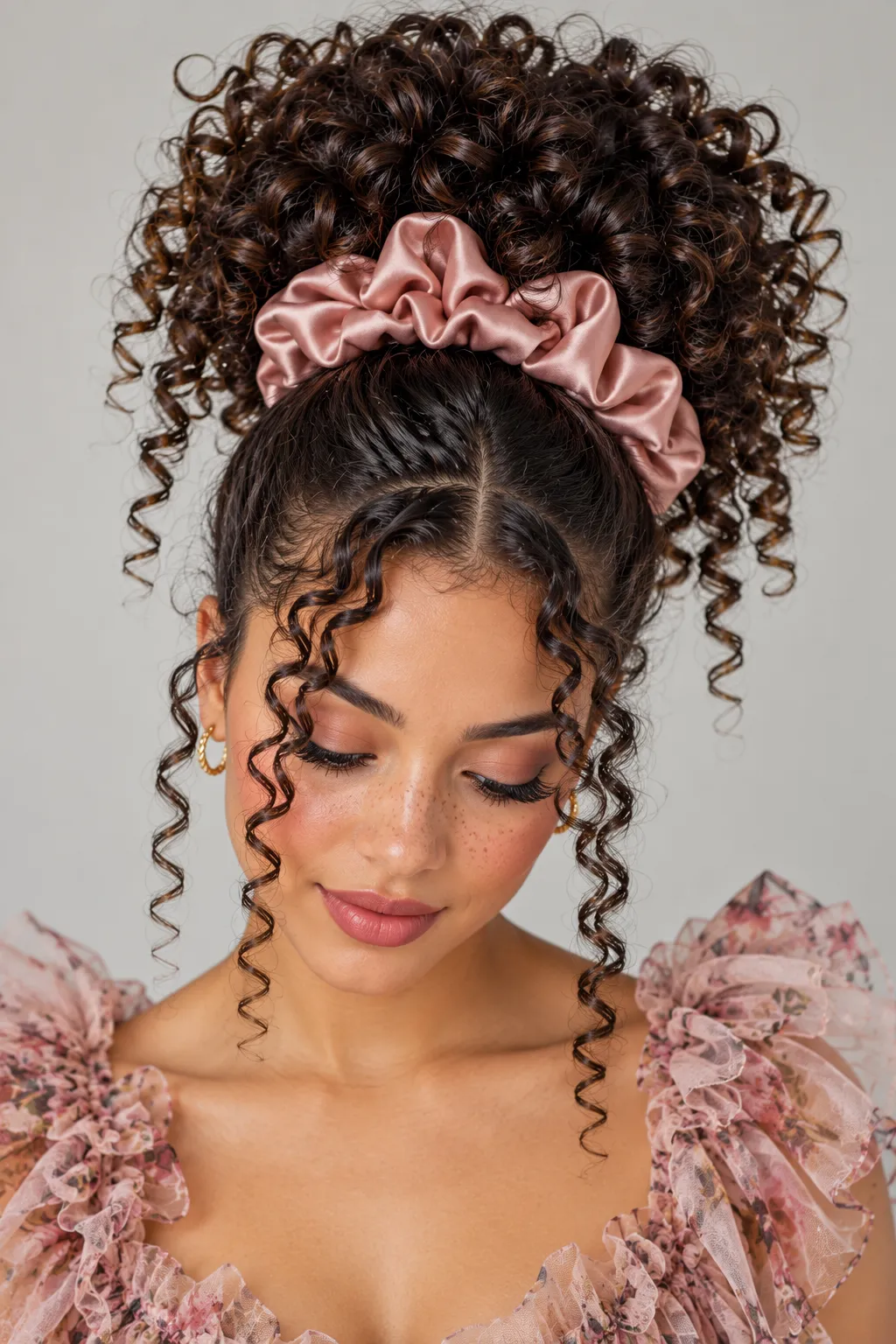 Curly High Puff with Rose Satin Scrunchie