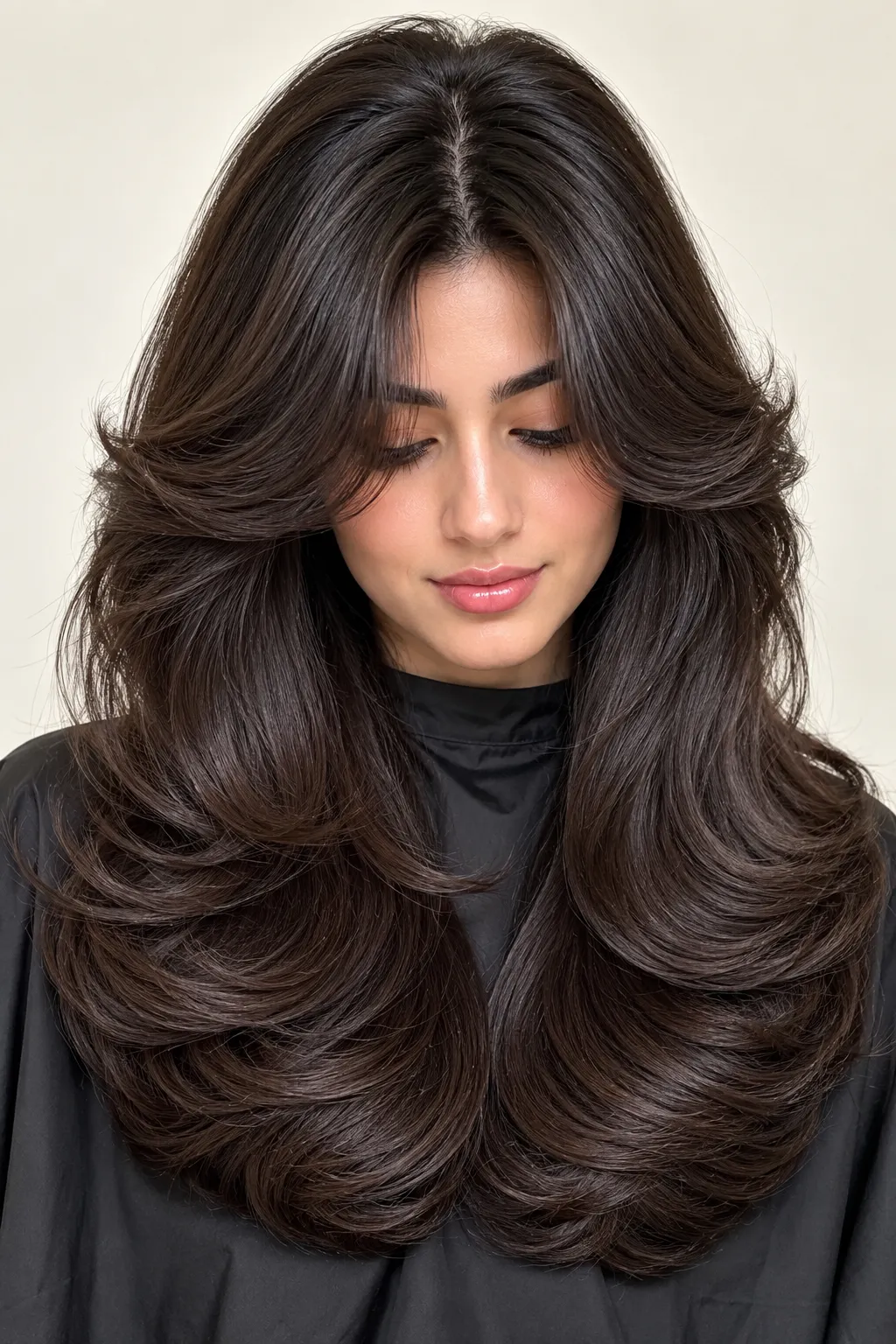 Dark Brown Curtain Bangs Blowout with Feathered Layers Dark Brown Curtain Bangs Blowout with Feathered Layers
