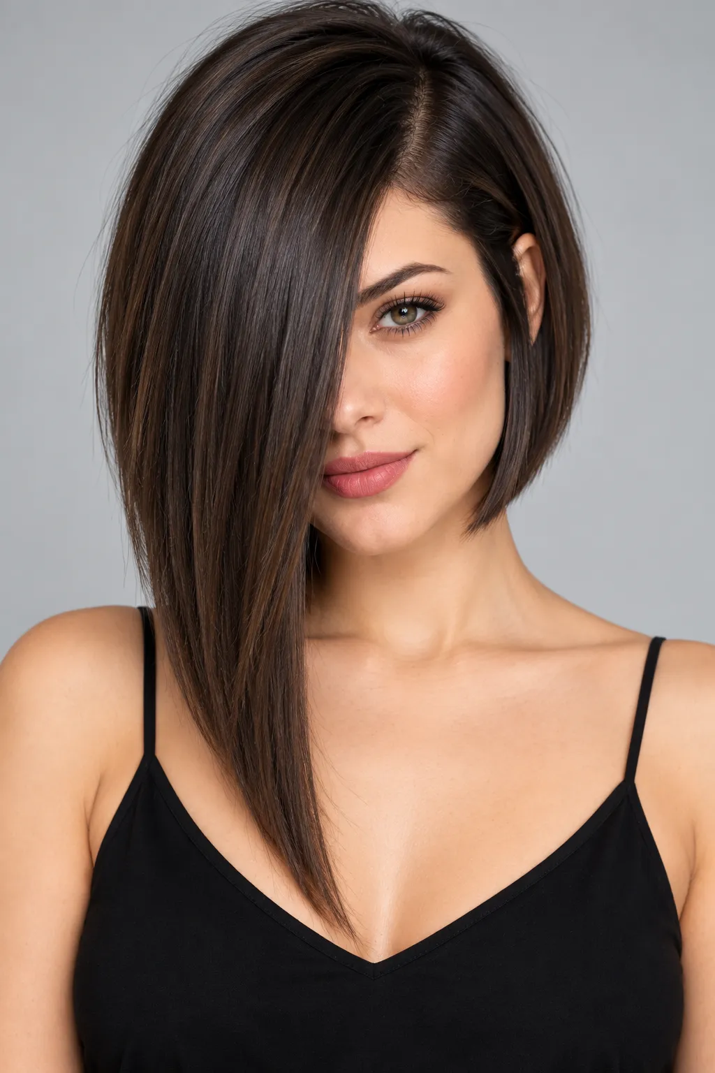 Dark Chocolate Sleek Asymmetrical Lob Dark Chocolate Sleek Asymmetrical Lob