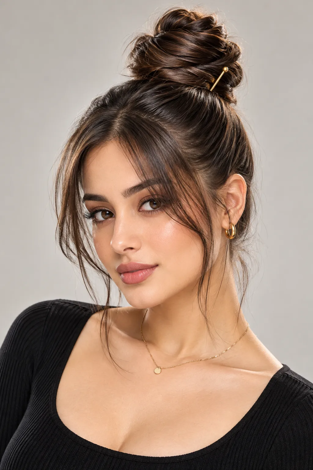 Sleek Top Knot with Wispy Bangs Sleek Top Knot with Wispy Bangs