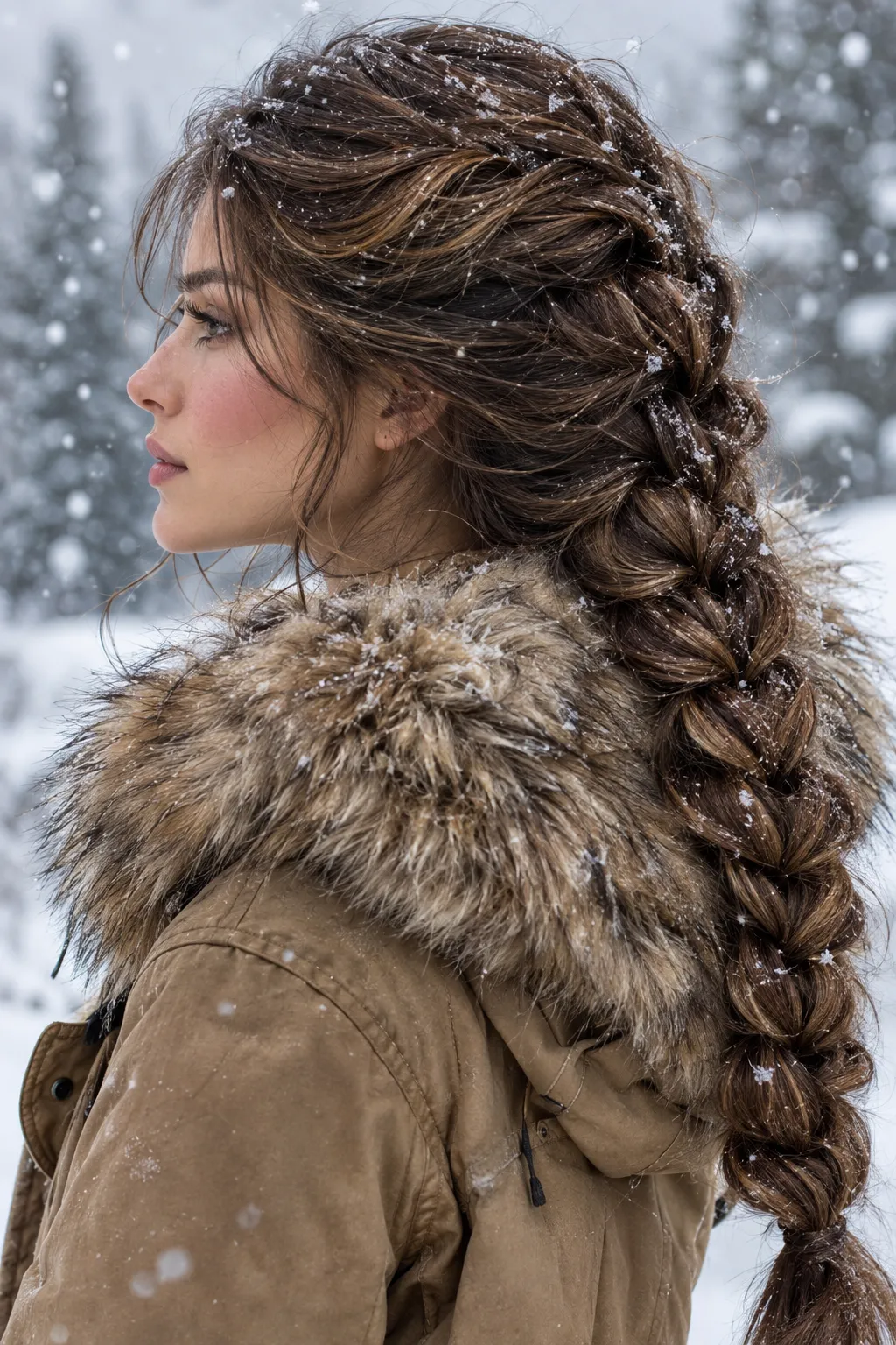Side Dutch Braid with Fur Trimmed Parka