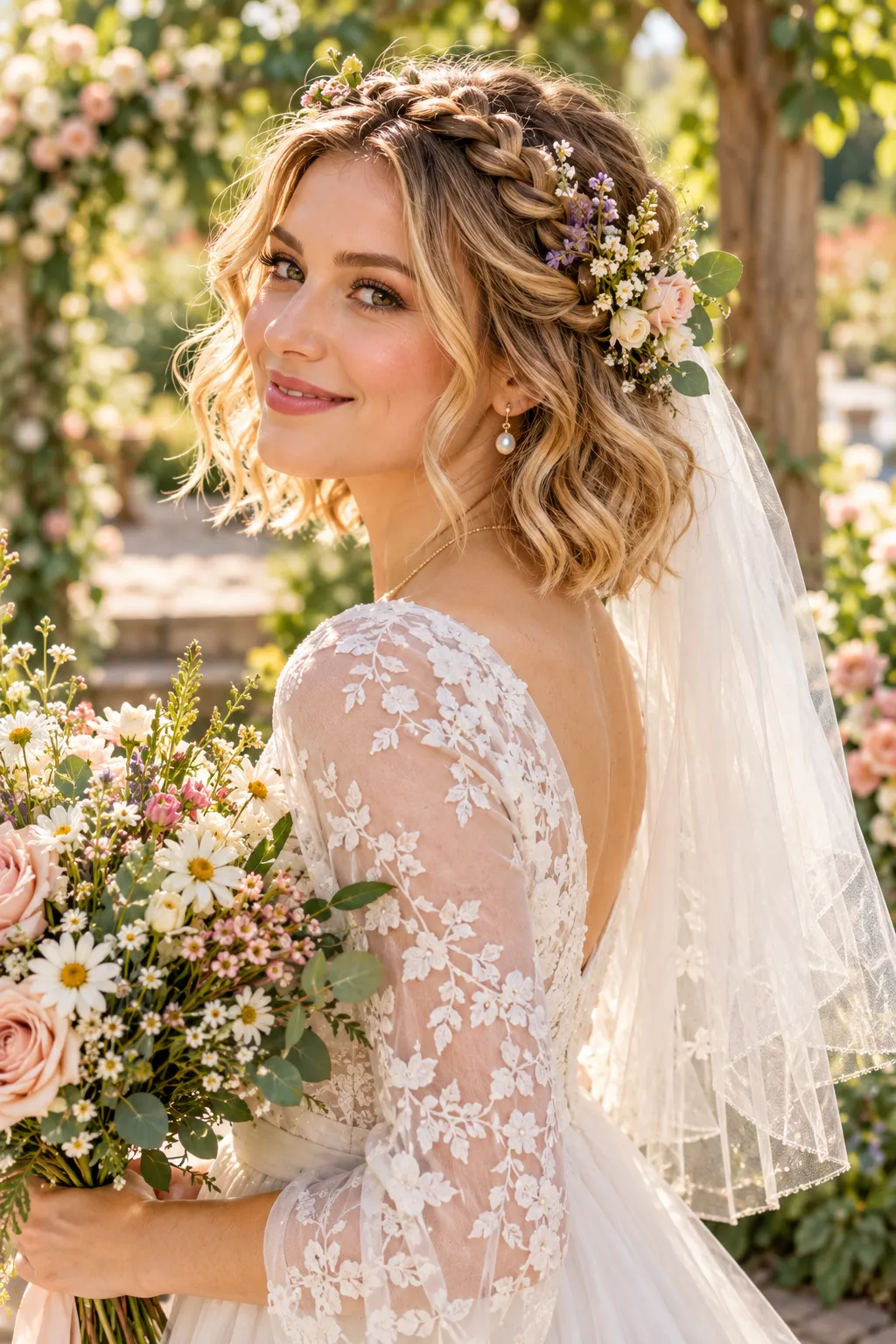 Braided Crown Bob with Wildflowers