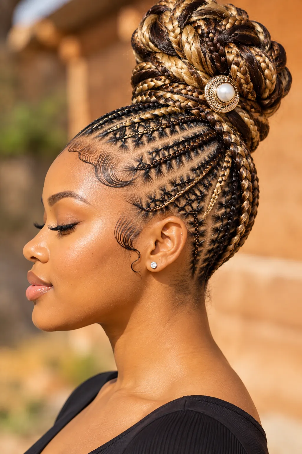 Honey Blonde Cornrow Braided Bun with Pearl Clip Honey Blonde Cornrow Braided Bun with Pearl Clip