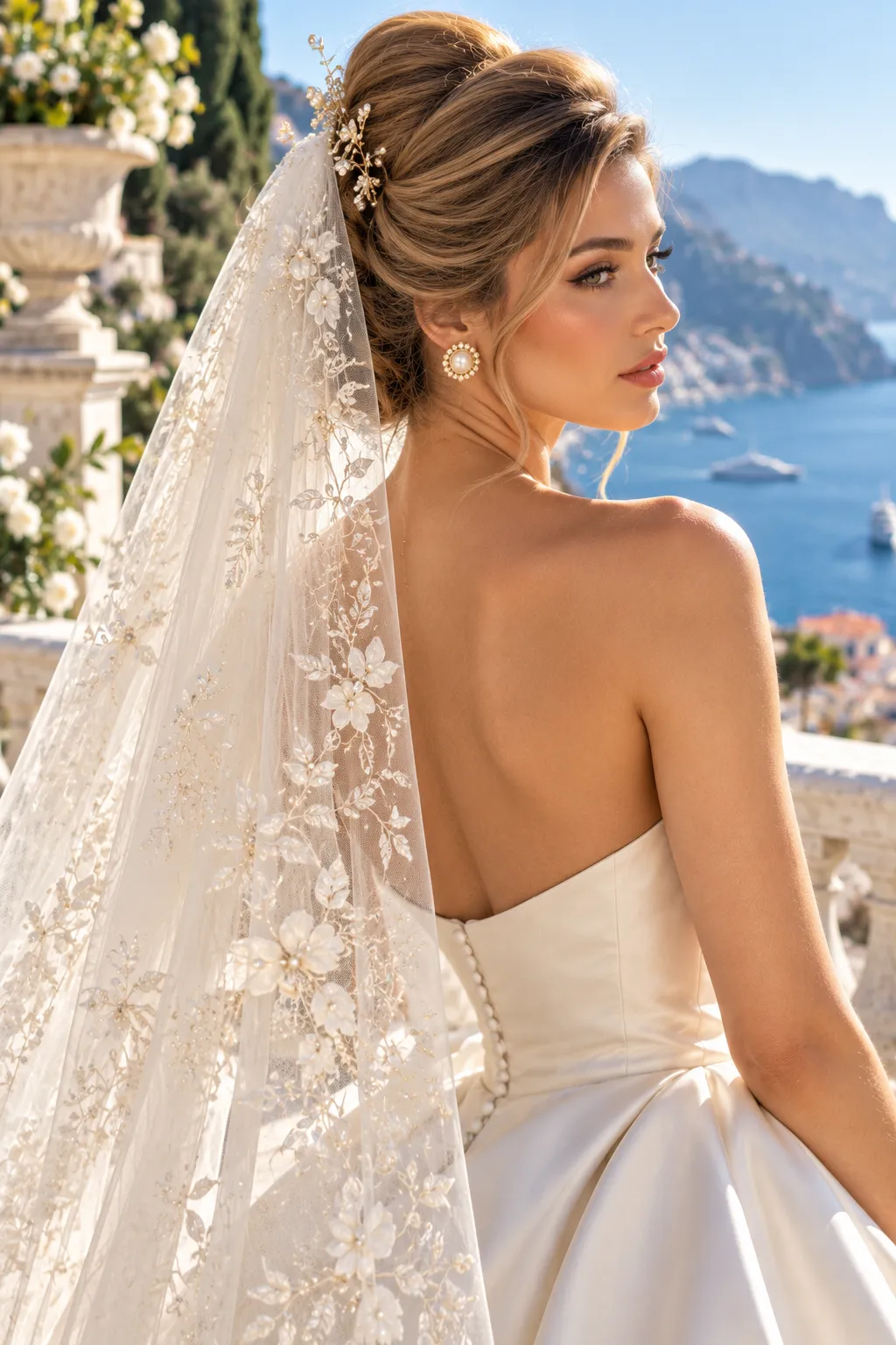 Voluminous High Bun with Floral Embroidered Veil