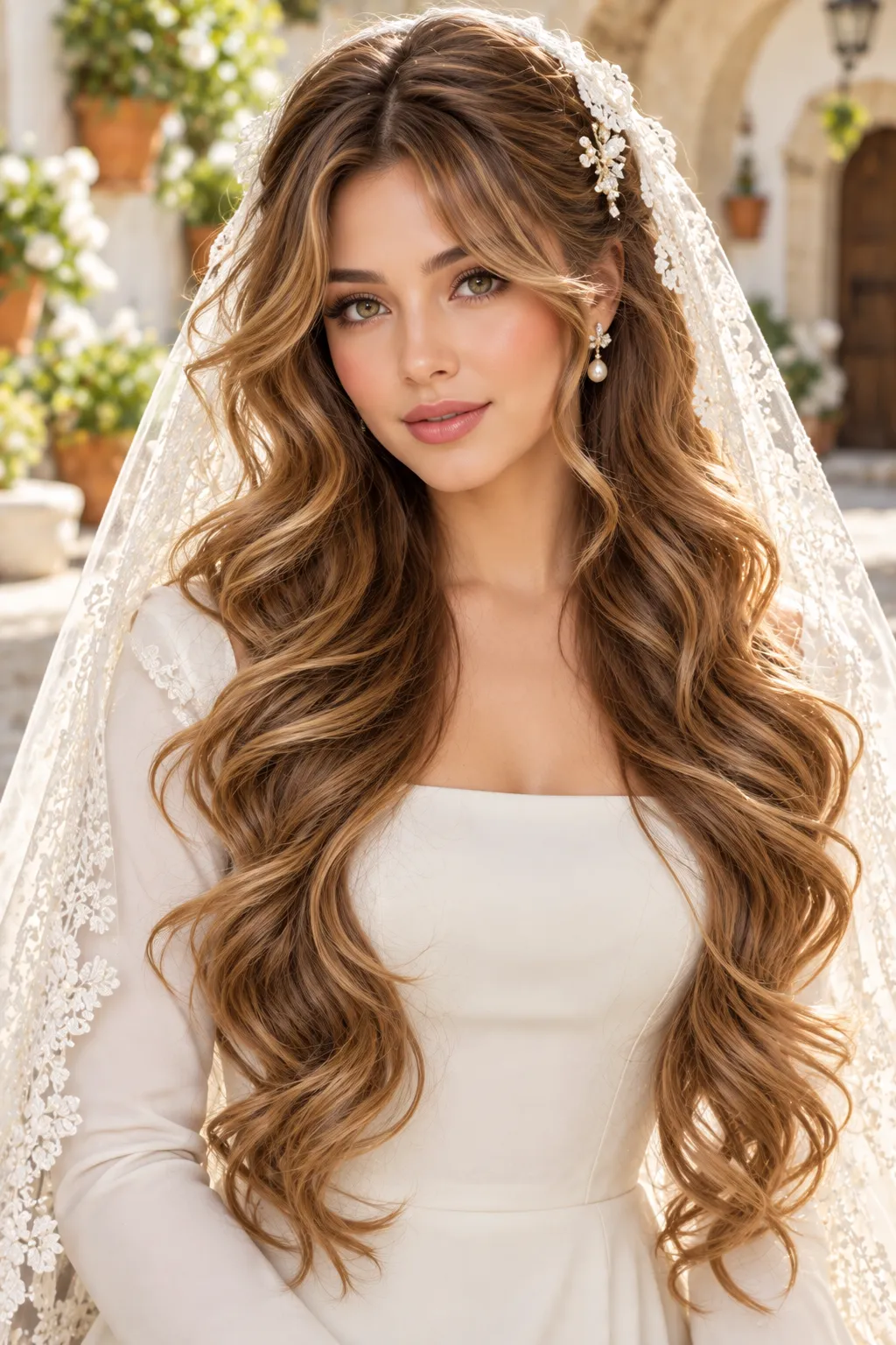 Loose Waves with Curtain Bangs and Lace Veil