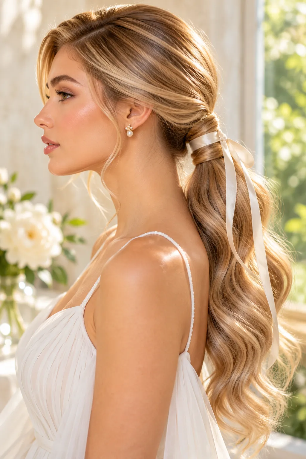 Low Wavy Ponytail with Satin Ribbon