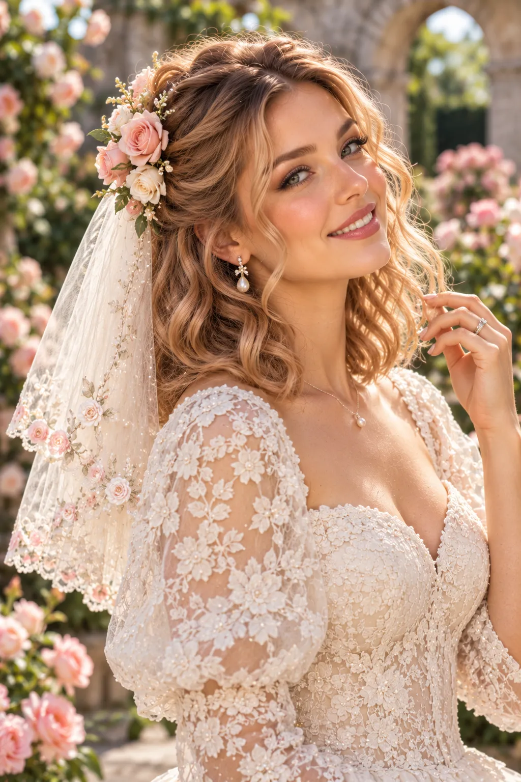 Rose Crown Waves with Embroidered Lace Veil