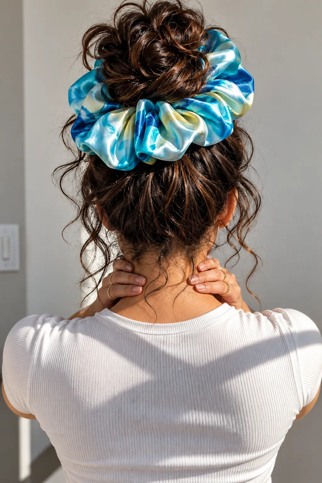 Messy High Bun with Tie Dye Satin Scrunchie