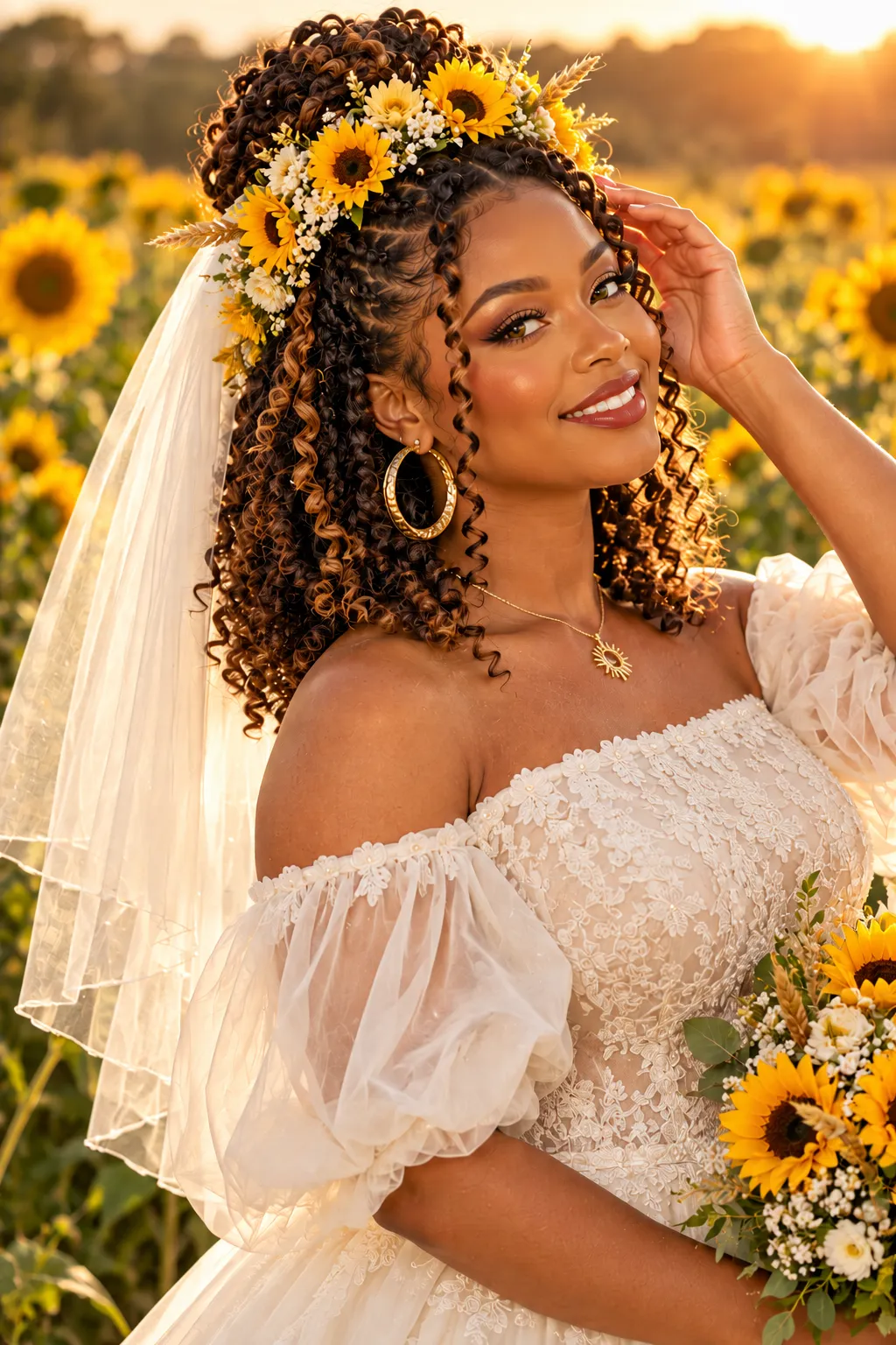 Sunflower Crown Curls with Soft Tulle Veil