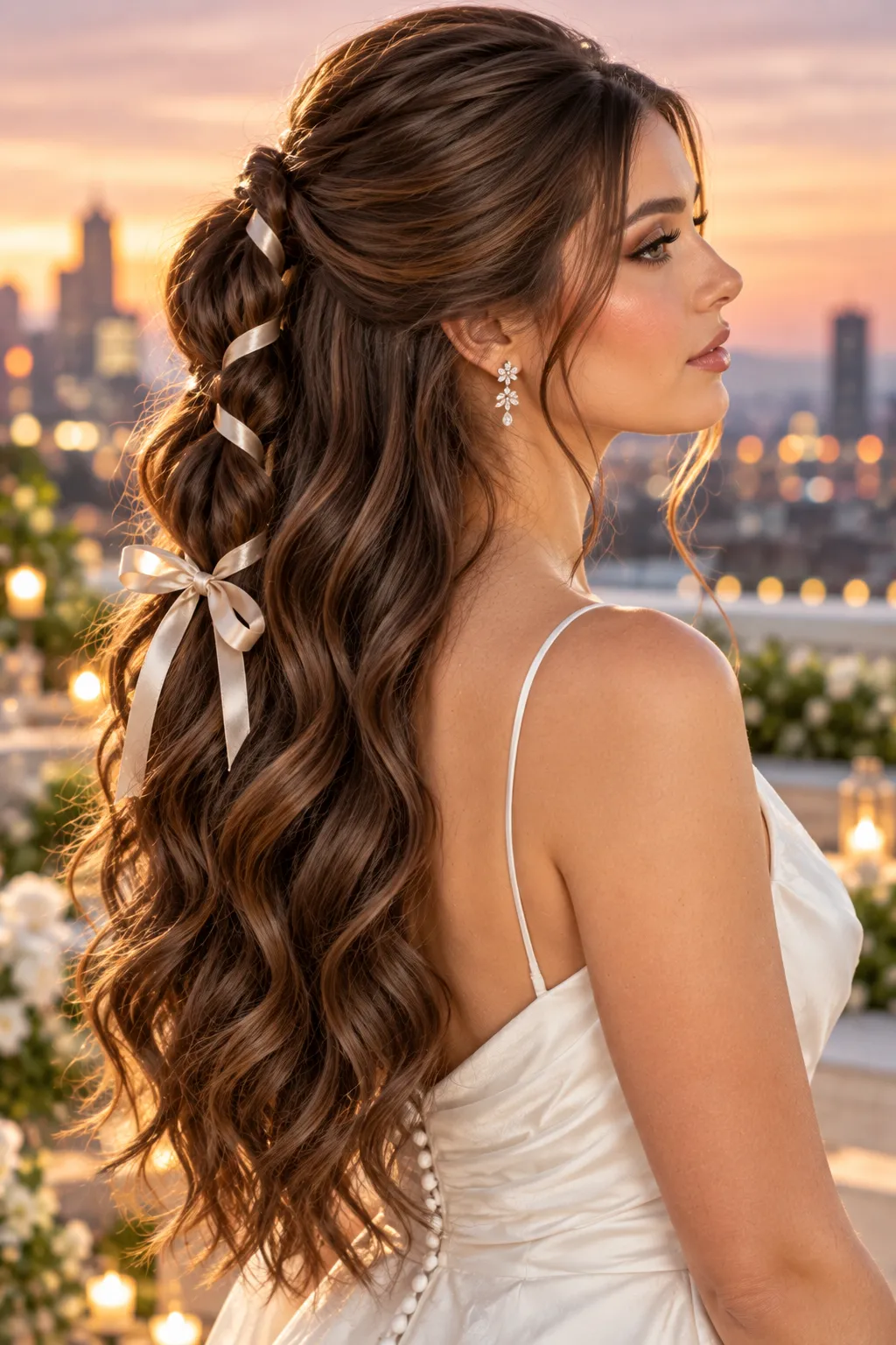 Ribbon Wrapped Bubble Braid Half Up with Chestnut Waves Ribbon Wrapped Bubble Braid Half Up with Chestnut Waves