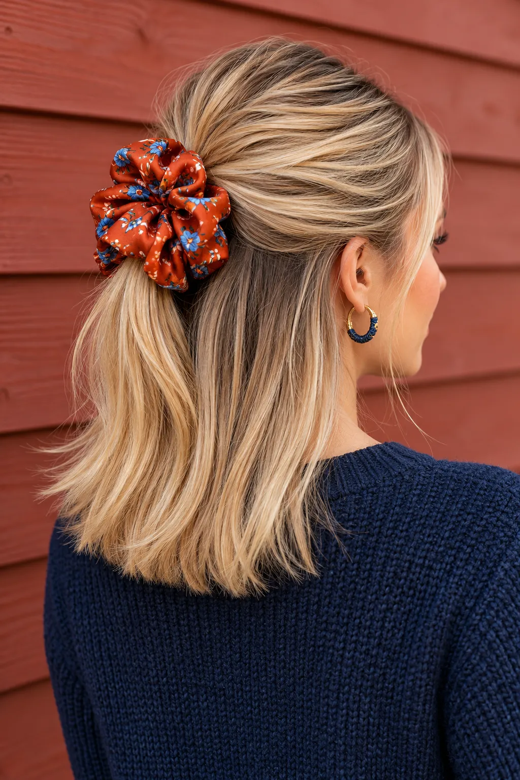 Half Up Pony with Terracotta Floral Scrunchie