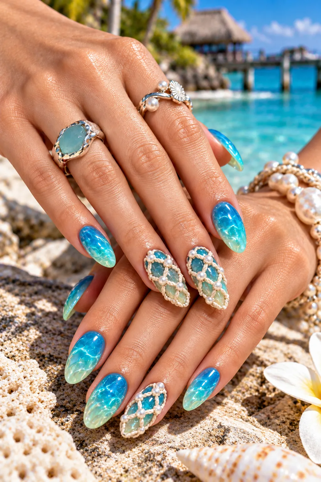 Tropical Ocean Inspired Pearl Nails