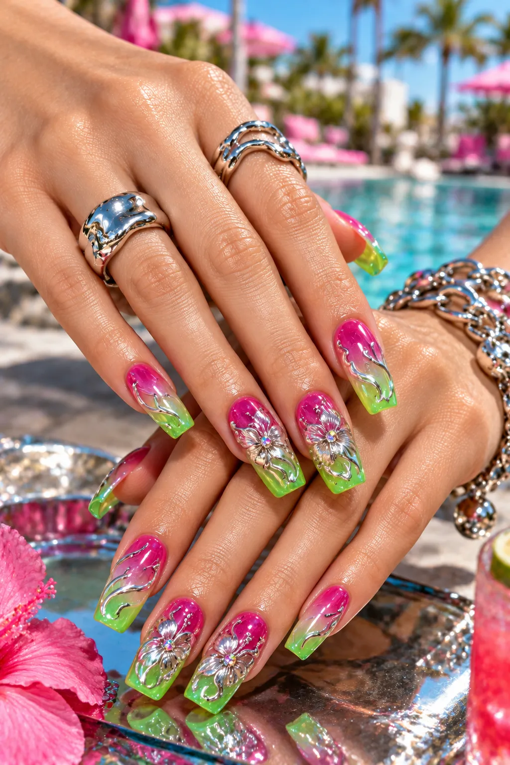 Tropical Pink to Lime Glamour Nails
