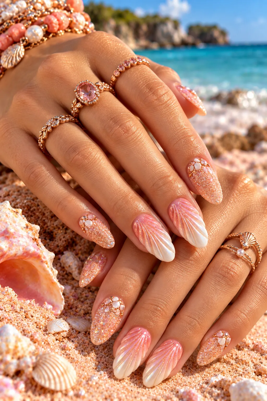 Tropical Seashell Manicure by the Ocean