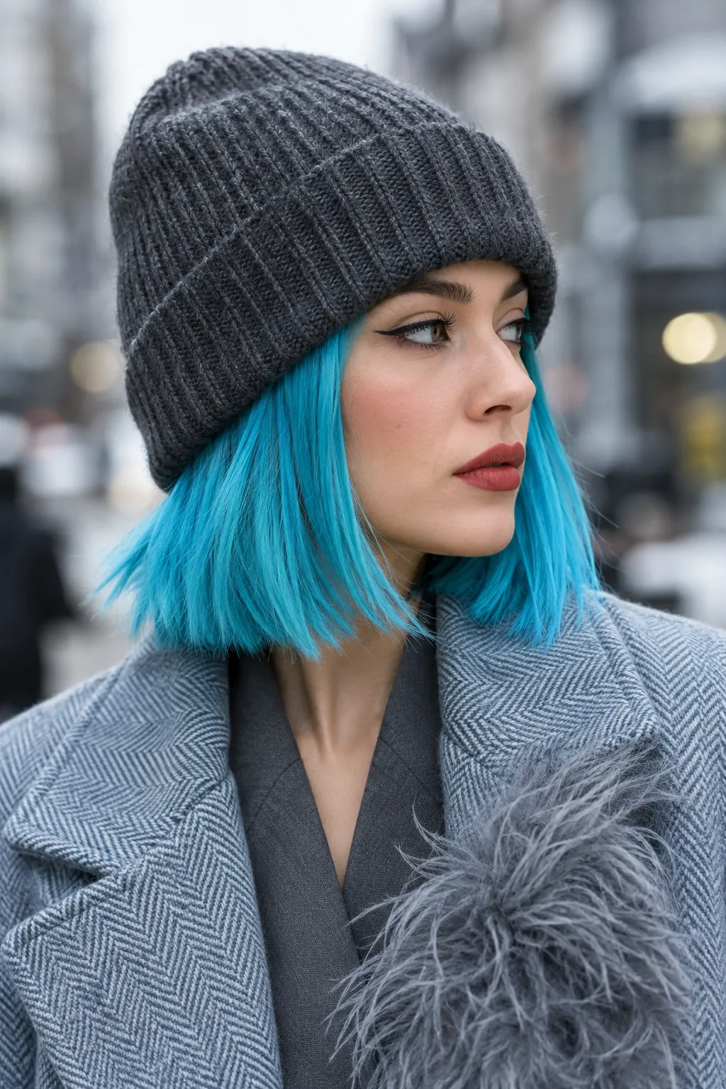 Electric Turquoise Blunt Bob with Charcoal Beanie