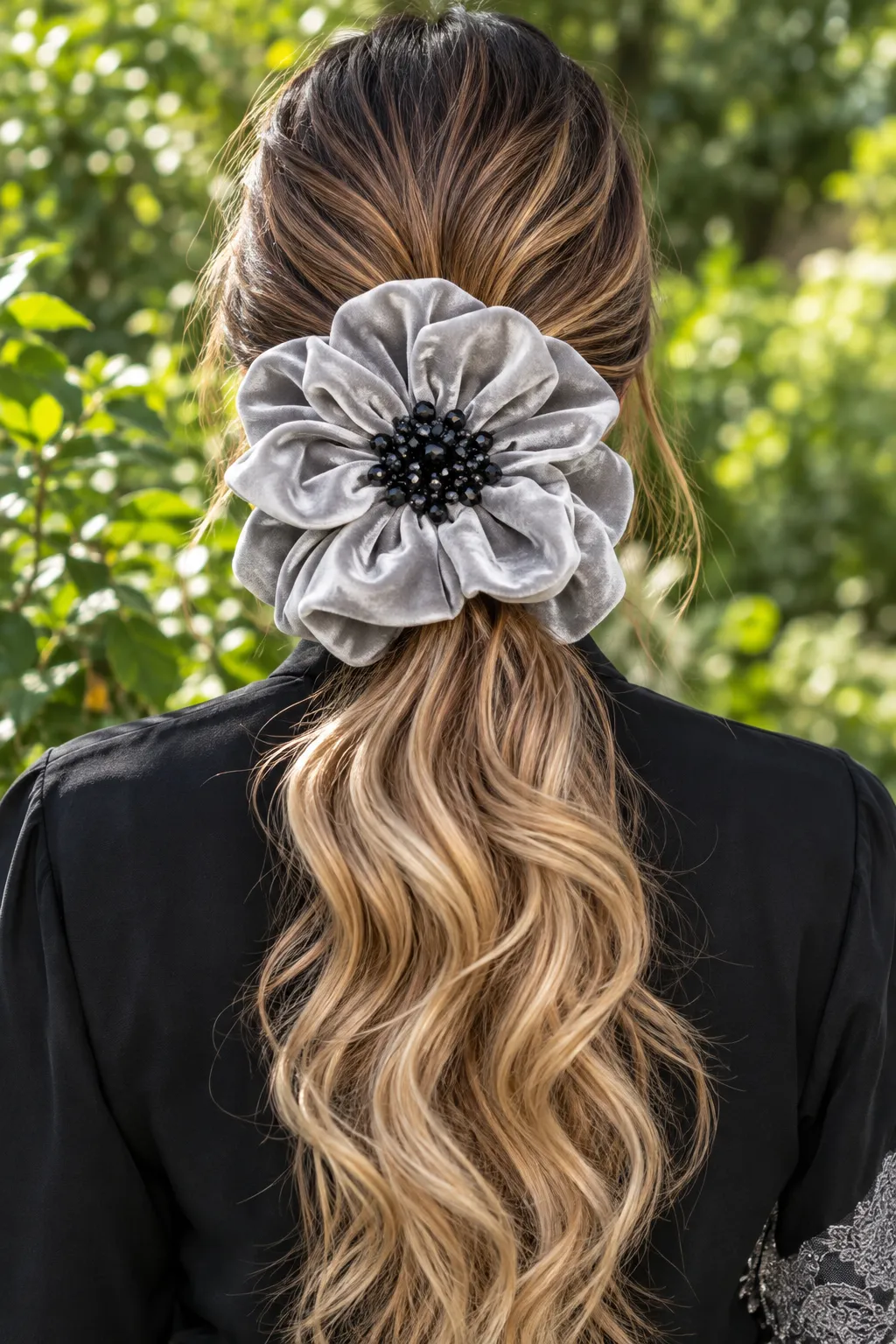 Low Wavy Ponytail with Velvet Flower Scrunchie