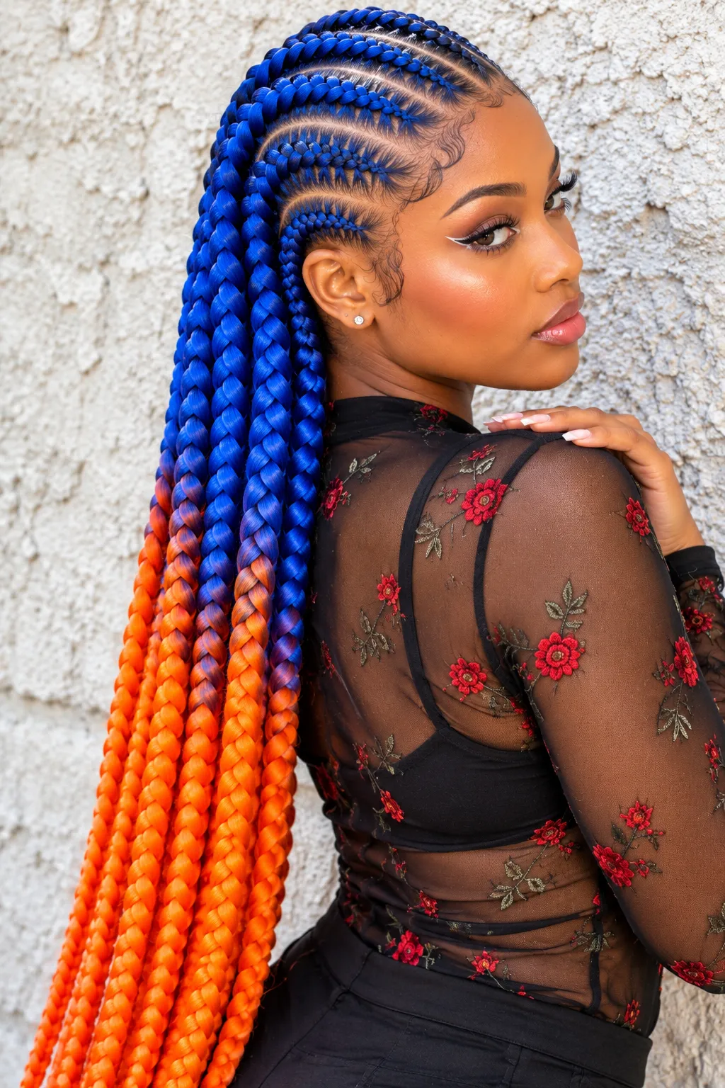 Blue and Orange Ombre Cornrows with Long Braids Blue and Orange Ombre Cornrows with Long Braids