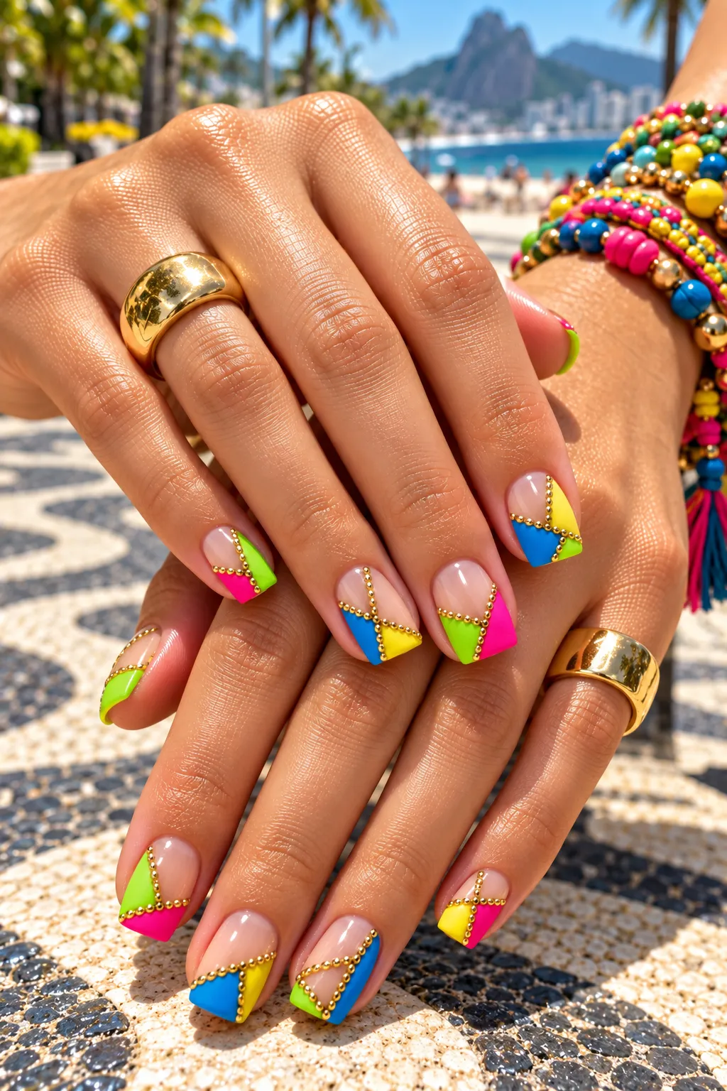 Vibrant Tropical Geometric Manicure