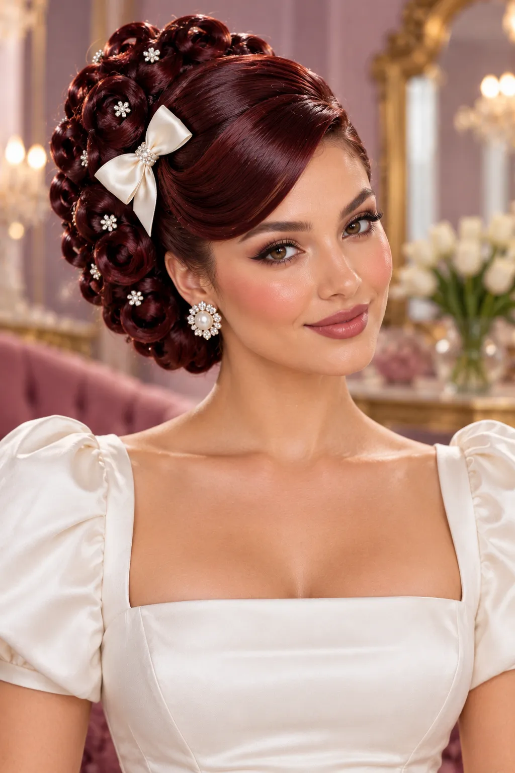 Vintage Pin Curl Updo with Ivory Satin Bow
