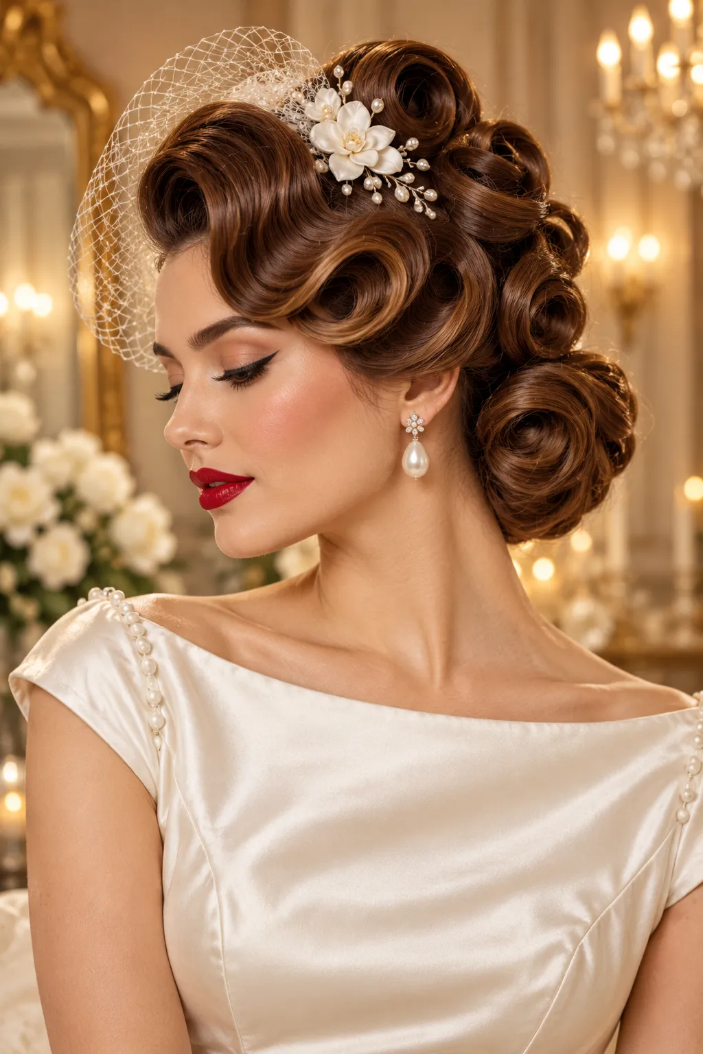Vintage Victory Roll Updo with Birdcage Veil