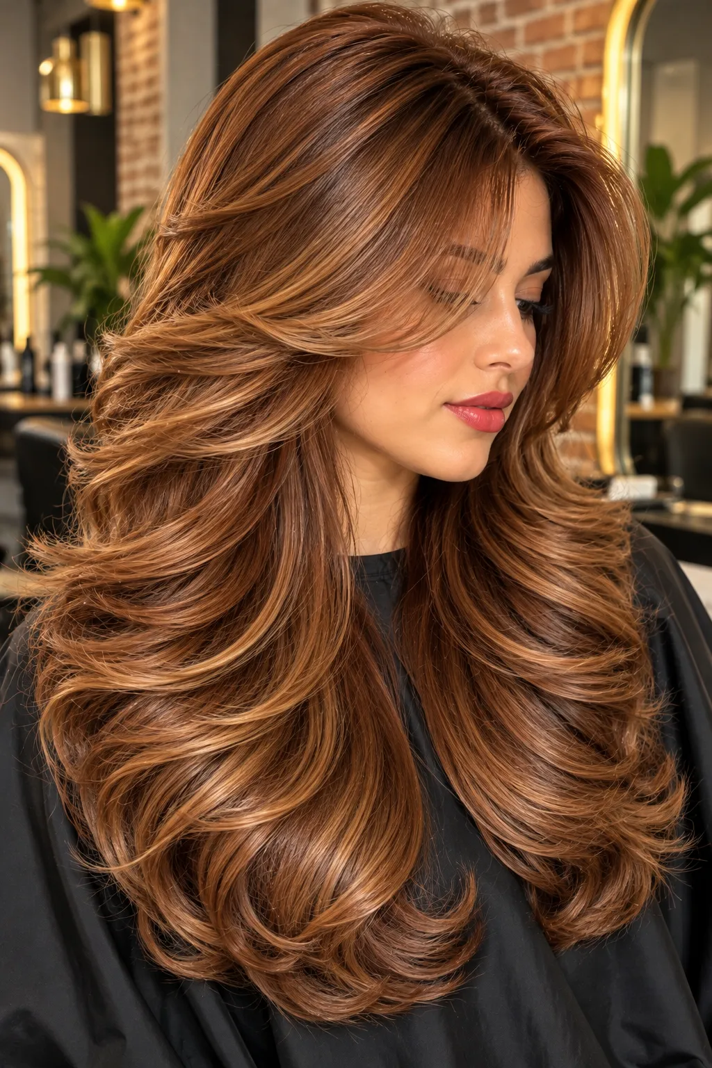Copper Auburn Layered Blowout with Caramel Highlights Copper Auburn Layered Blowout with Caramel Highlights
