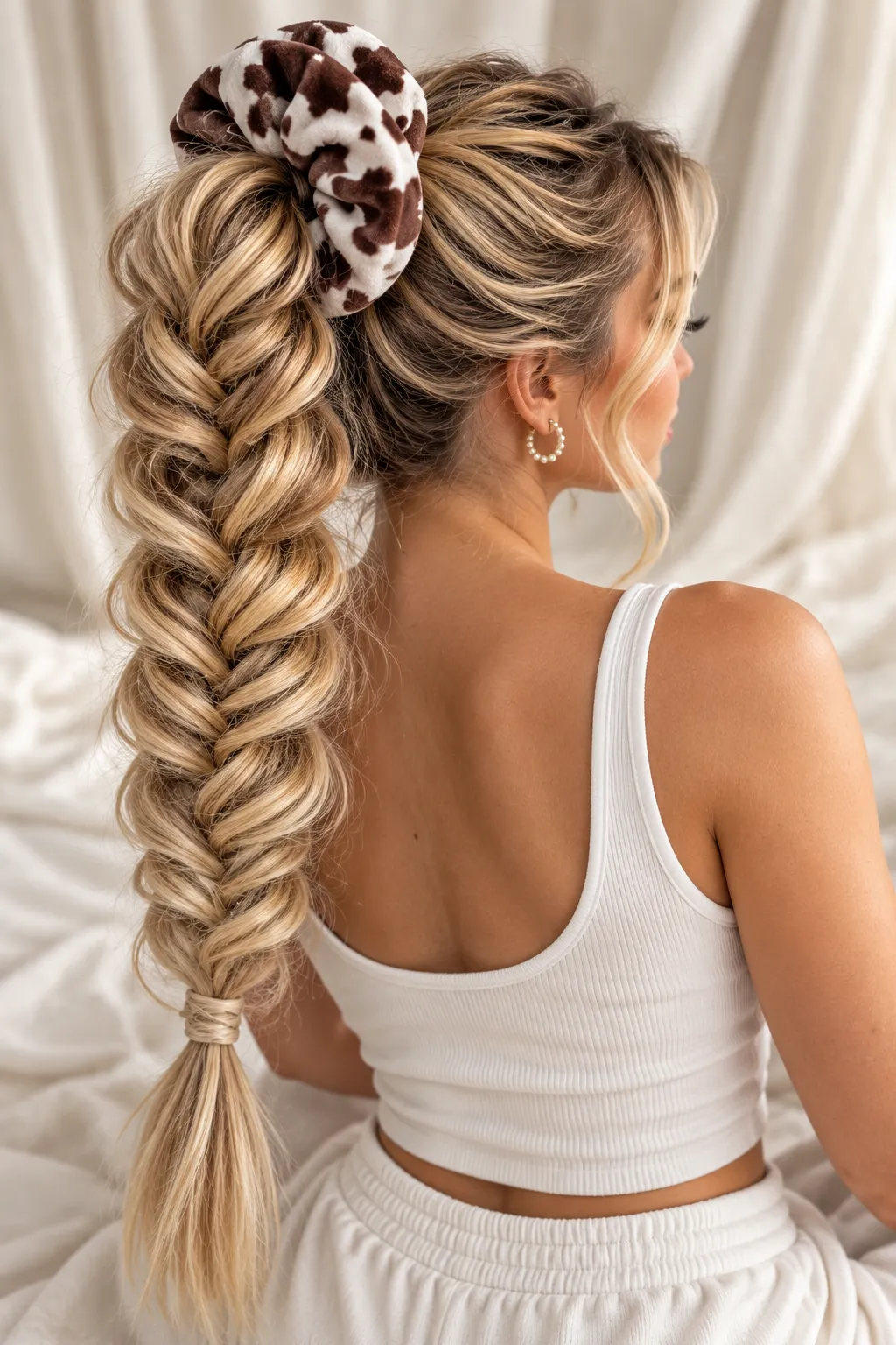 Chunky Fishtail Ponytail with Cow Print Scrunchie