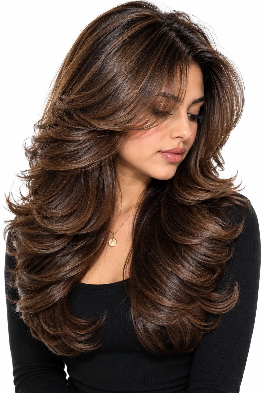 Chocolate Brown Feathered Blowout with Side Swept Bangs Chocolate Brown Feathered Blowout with Side Swept Bangs