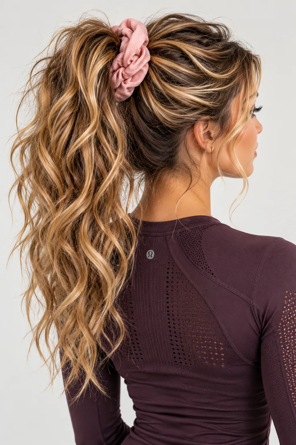High Wavy Ponytail with Blush Velvet Scrunchie