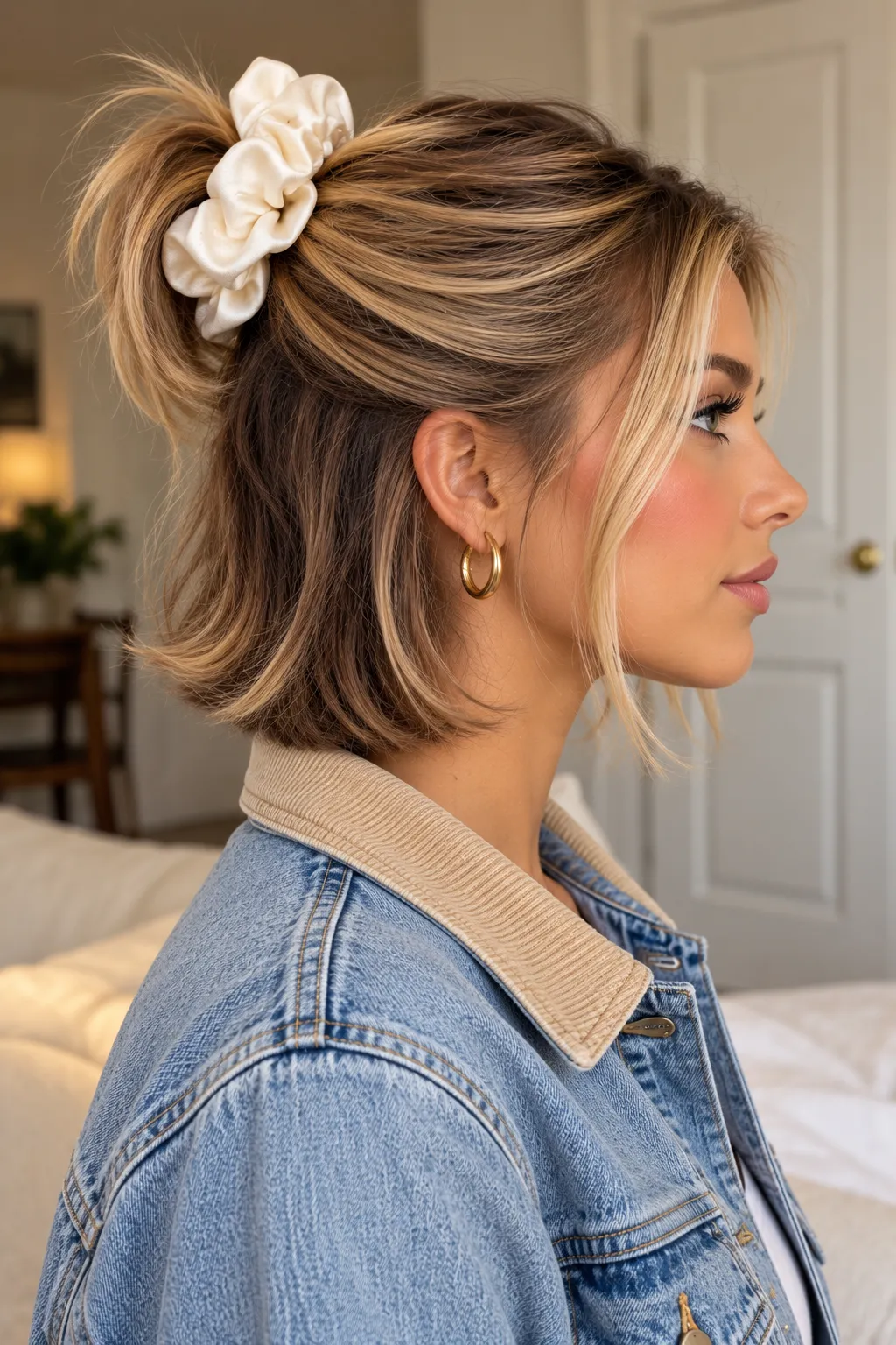Short Half Up Pony with Ivory Satin Scrunchie