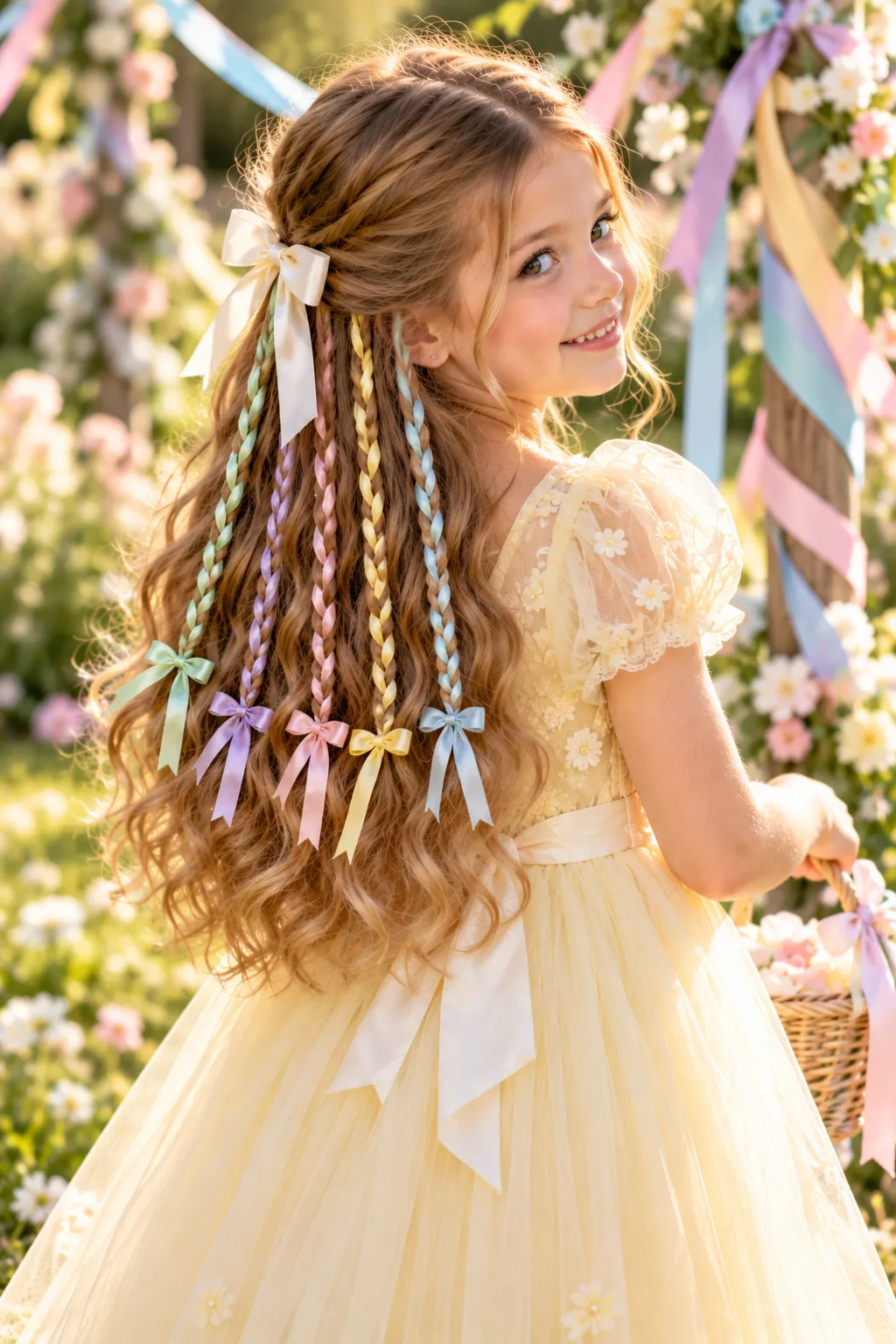 Half Up Waves with Pastel Ribbon Braids