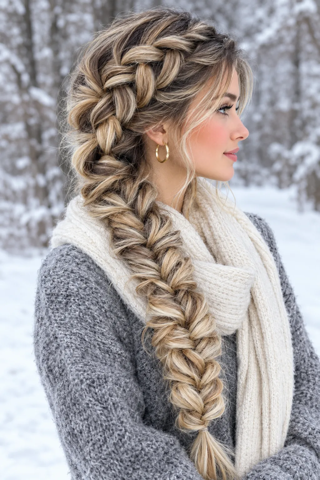 Chunky Side Dutch Braid with Cream Scarf