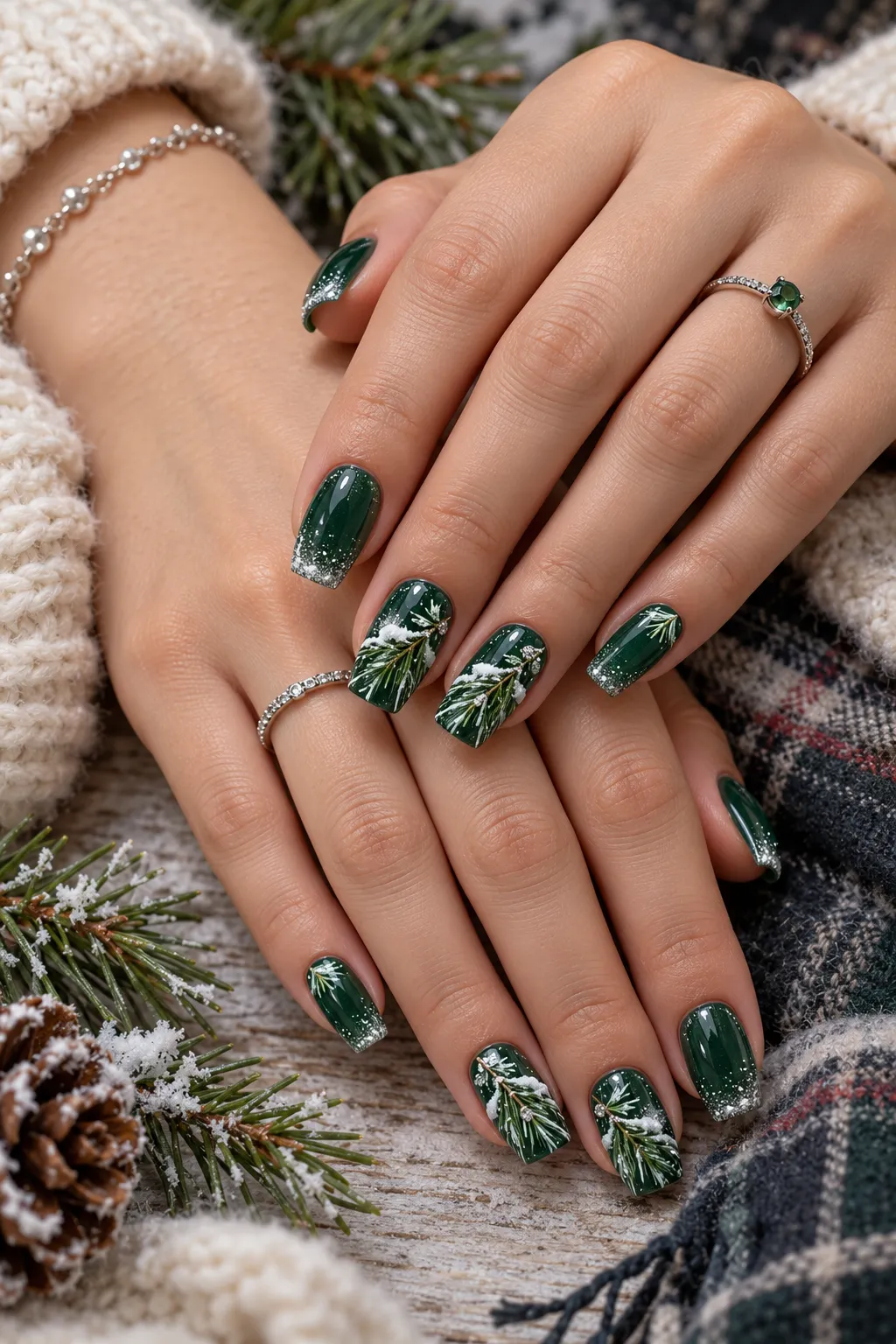 Snowy Evergreen Branch Nails