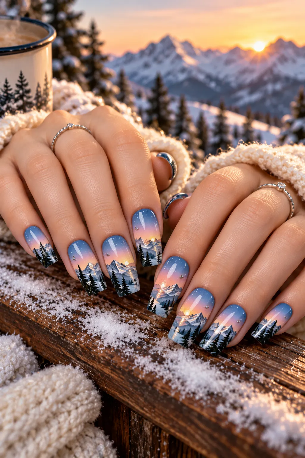 Winter Mountain Sunrise Nails