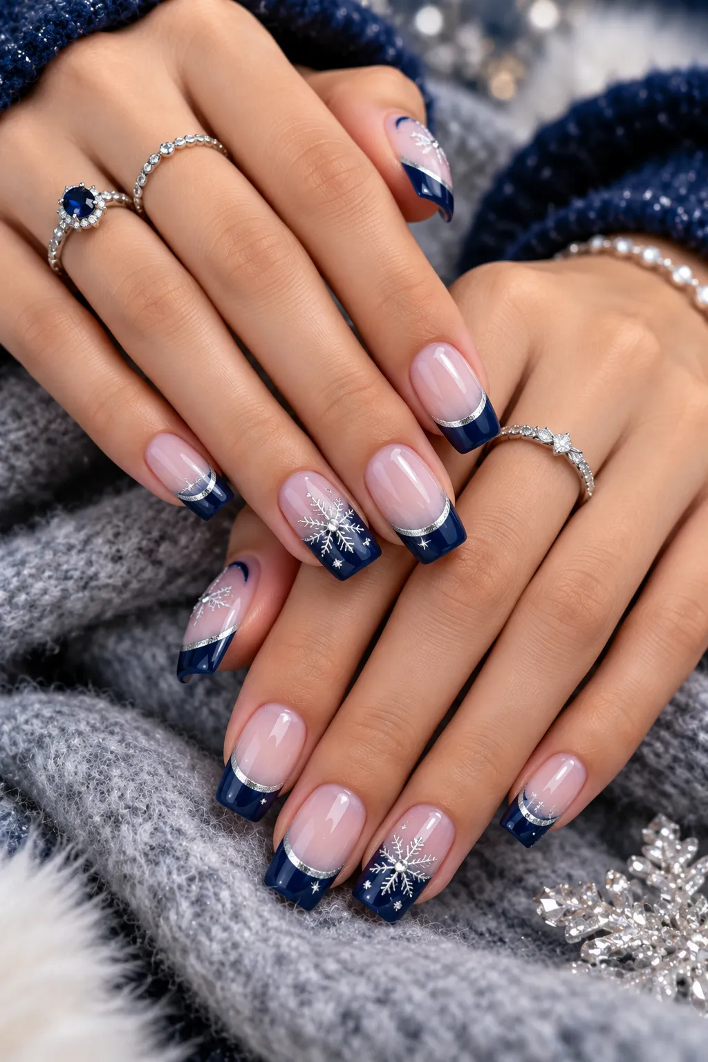 Sapphire French Tip Snowflake Nails