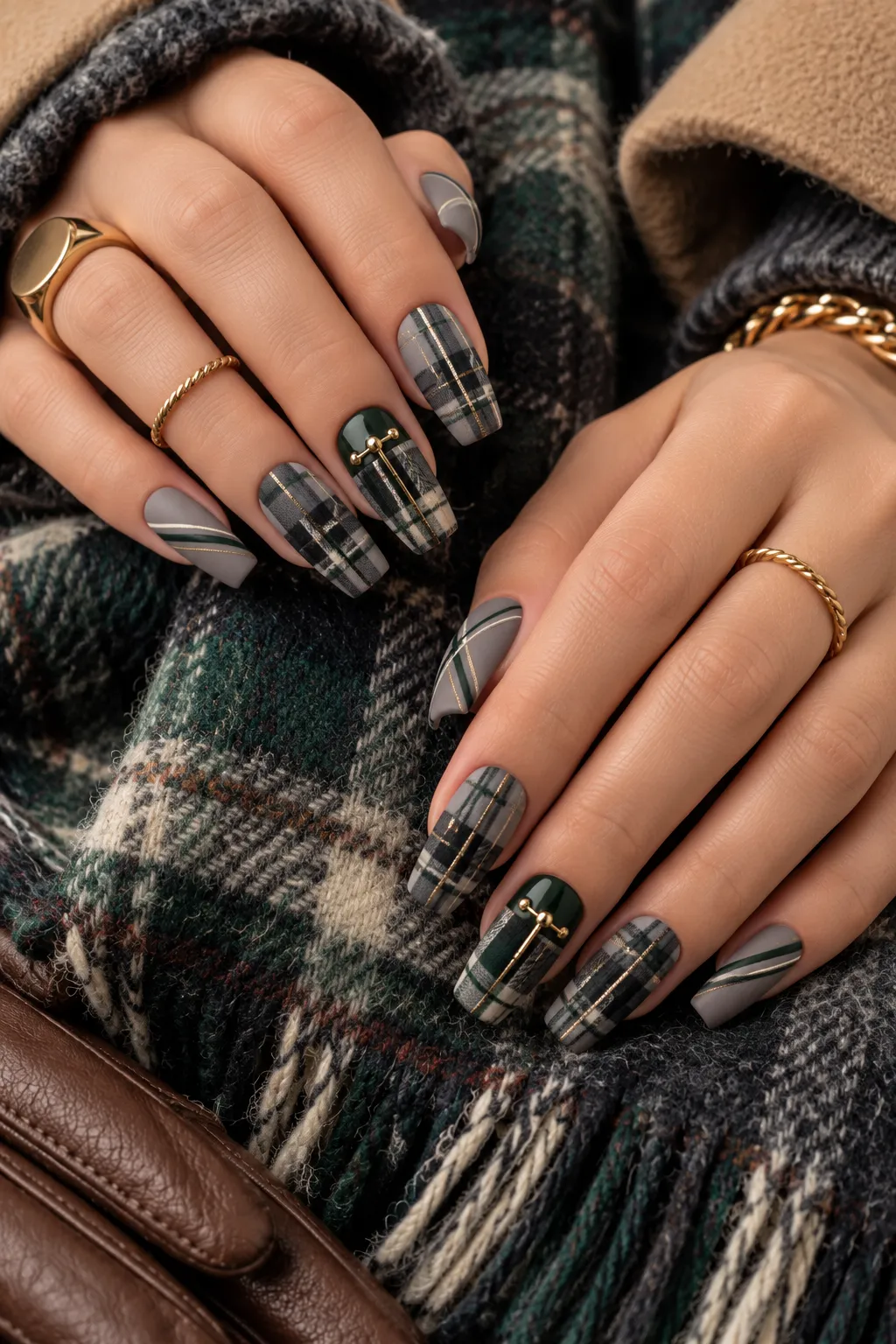 Winter Tartan Gold Accent Nails