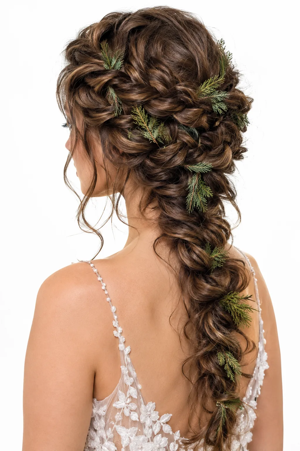 Loose Boho Side Braid with Evergreen Sprigs